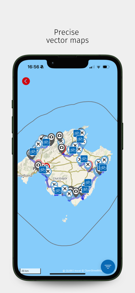 Screenshot showing a precise vector map with a highlighted cycling route and travel points of interest