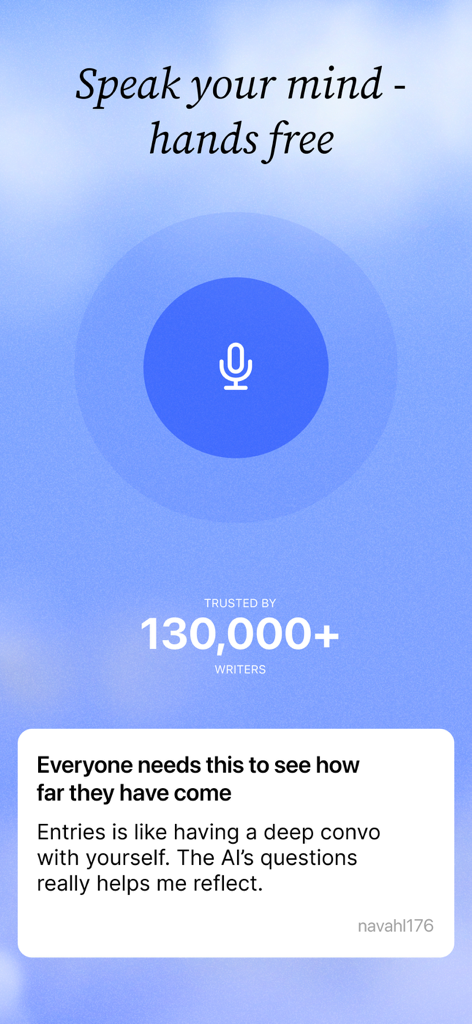 Entries: AI Journal & Diary - Voice recording interface of the Entries AI Journal app with a microphone icon and a user review