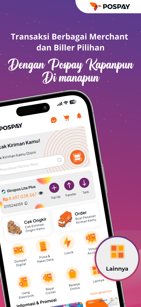 POSPAY mobile app home screen showing digital payment and bill services.