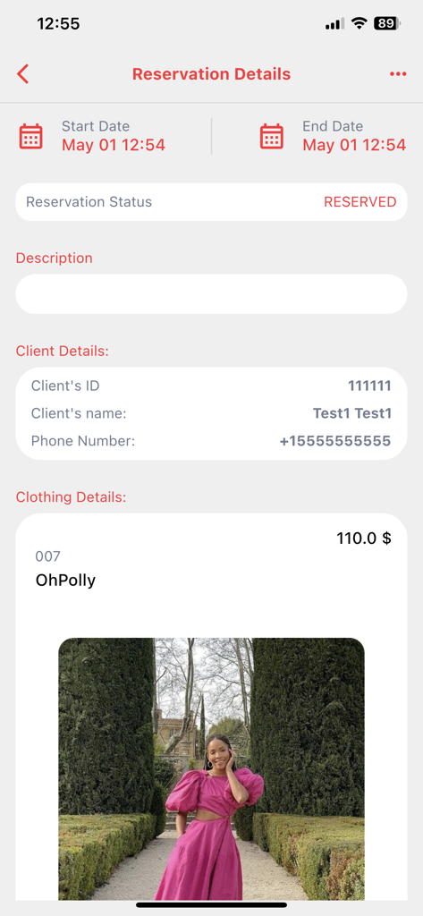 My Atelier Online - Mobile app screen showing reservation details for a pink designer dress rental including dates and client information