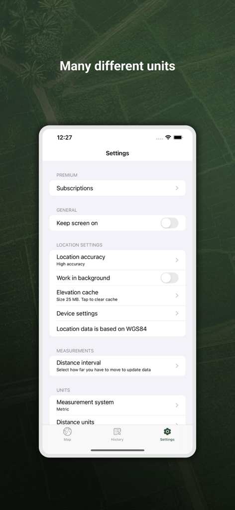 My GPS Area Calculator - Écran des paramètres de l'application Mon Calculateur de Surface GPS affichant les unités de mesure et les options de précision de localisation