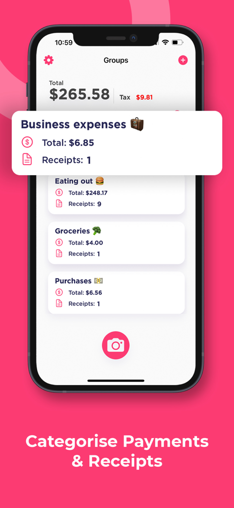 Receipt Scanner & Expense AI - Mobile app interface showing categorized business and personal expenses grouped by type