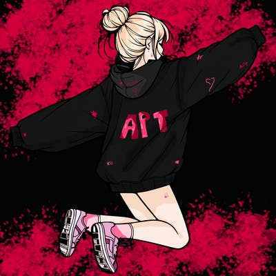 realistic girl jumping with a bun and oversized sweatshirt