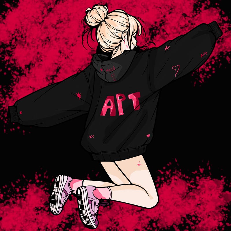realistic girl jumping with a bun and oversized sweatshirt