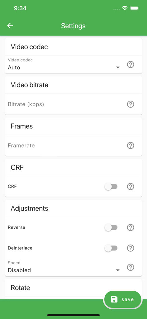 Video conversion settings menu in the File Converter app showing codec and bitrate options