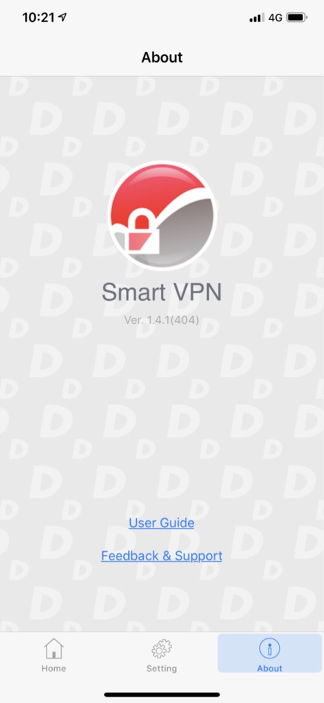 Smart-VPN app about screen showing version information and support links