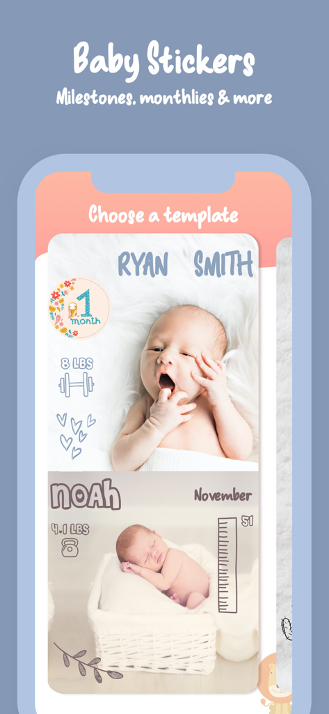 Bino: Baby Photo Editor App - Interface of the Bino app showing baby photo templates with milestone stickers and newborn pictures