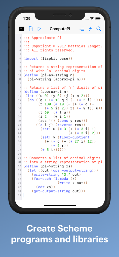 LispPad Go - LispPad Go mobile code editor showing Scheme source code for calculating Pi.