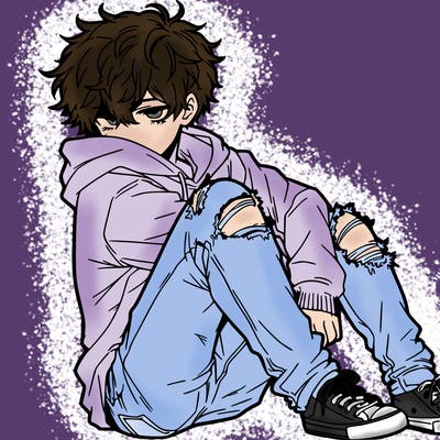 a male hoddie ripped jeans messy hair anime