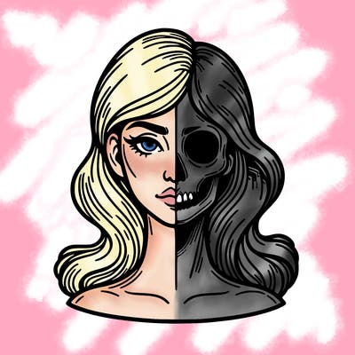 bust of a woman, half face and hair, half skull