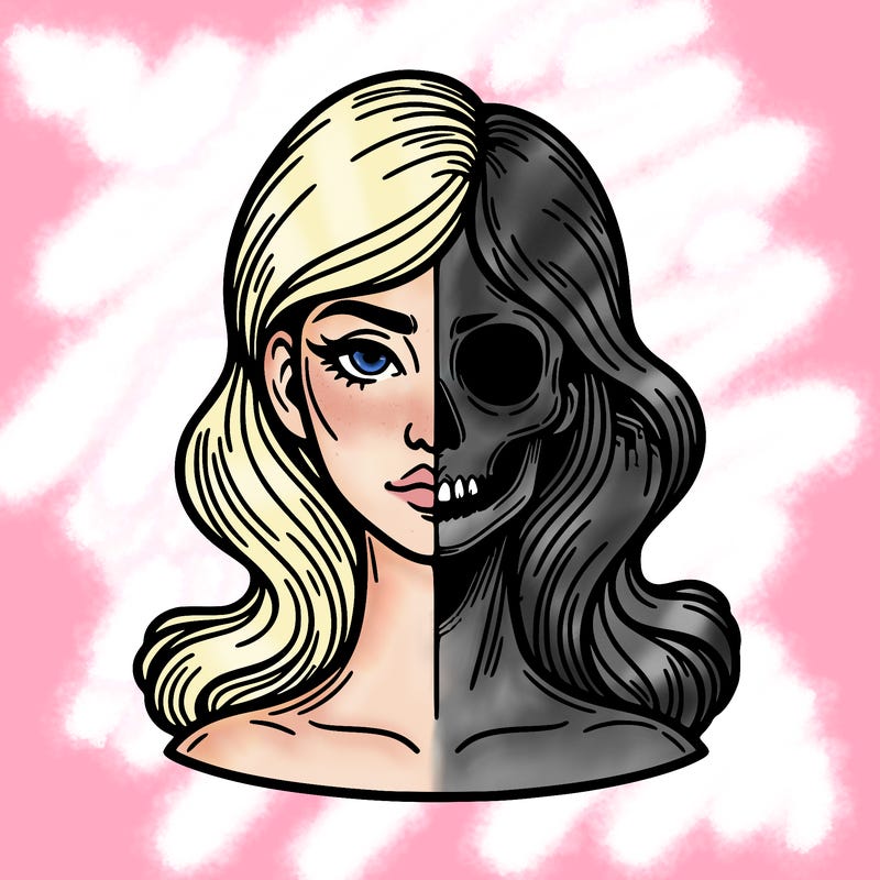 bust of a woman, half face and hair, half skull