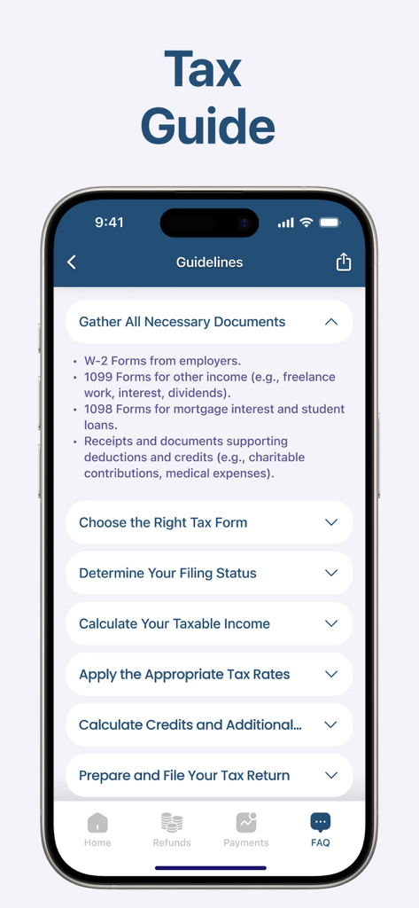 Una pantalla de aplicación móvil que muestra las pautas de preparación de impuestos y una lista de verificación de documentos necesarios, como formularios W2 y 1099.