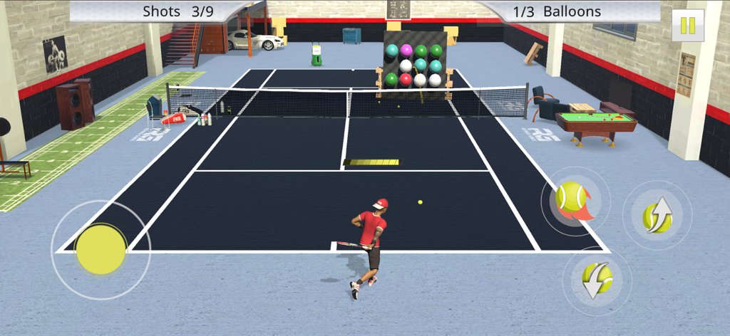 Tennis player practicing target shots in a 3D indoor training facility in Cross Court Tennis 3