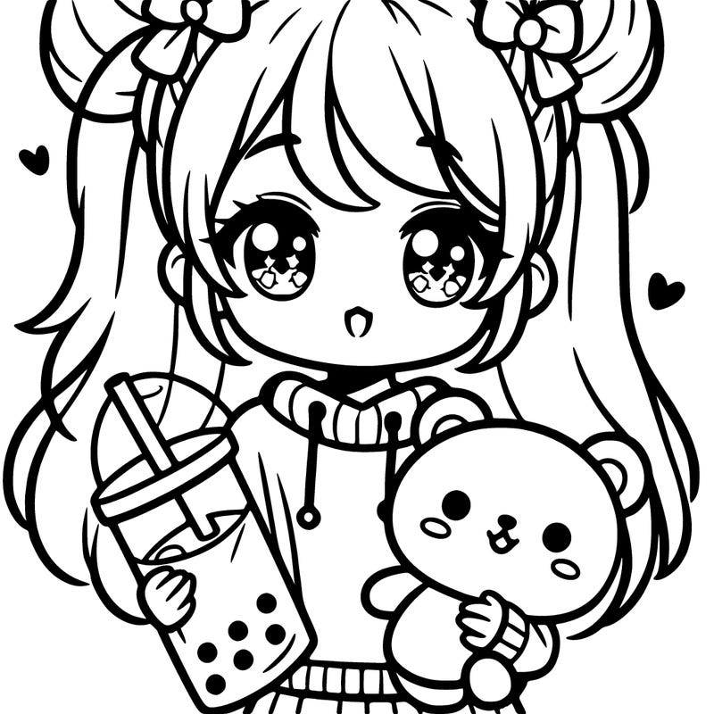 a cute kawwai girl who is holding a cute teddy bear and is drinking bubbletea