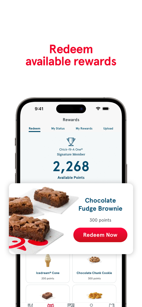 Chick-fil-A - Chick-fil-A app interface showing available points and options to redeem for food rewards like a chocolate fudge brownie.