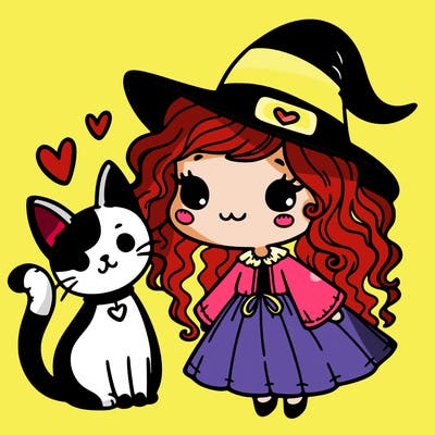 a witch with curly hair and a cat with hearts