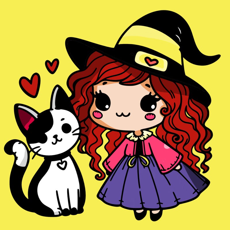 a witch with curly hair and a cat with hearts