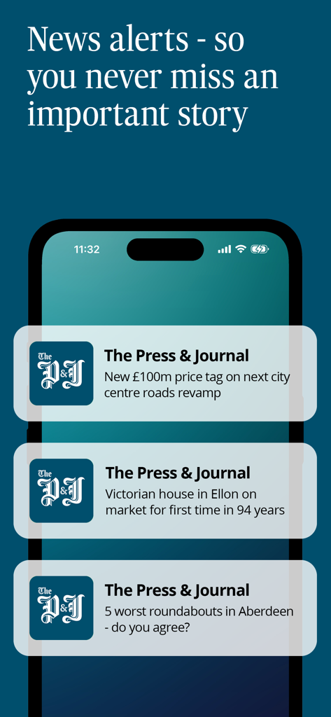 Smartphone screen displaying breaking news notifications from The Press and Journal Scotland app