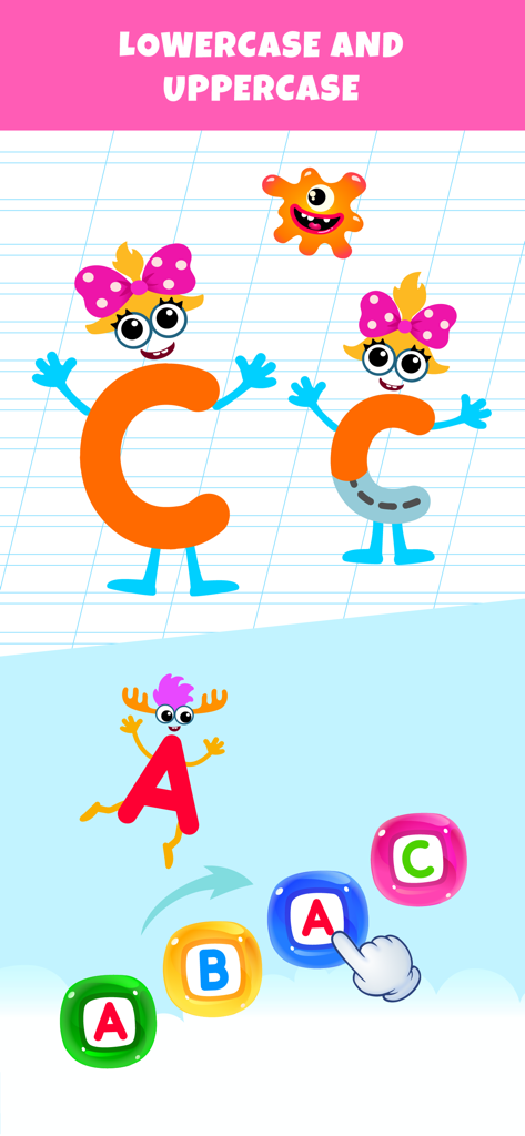 ABC Alphabet Games for Kids - Imparare le lettere minuscole e maiuscole con personaggi animati.