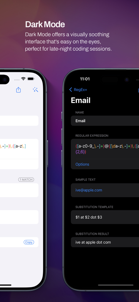 Interfaz de la aplicación móvil RegEx+ con modo oscuro para desarrolladores