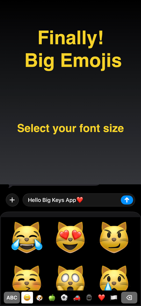 Big Keys Keyboard - A mobile screen showing large cat emojis and text indicating adjustable font sizes for better visibility.