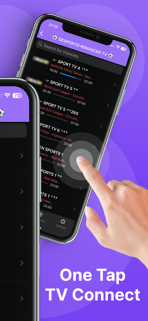 Mobile app interface showing live sports channels and one tap TV connection feature