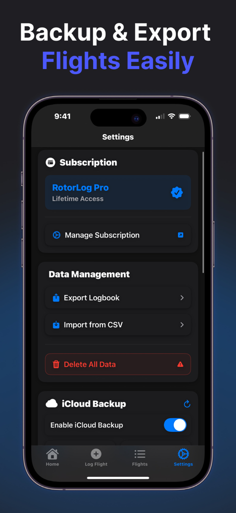 RotorLog app settings page for managing subscriptions, data exports, and iCloud backups