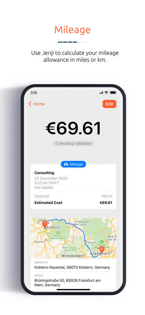 Un écran de smartphone affichant le suivi kilométrique Jenji avec un itinéraire et un calcul des coûts.