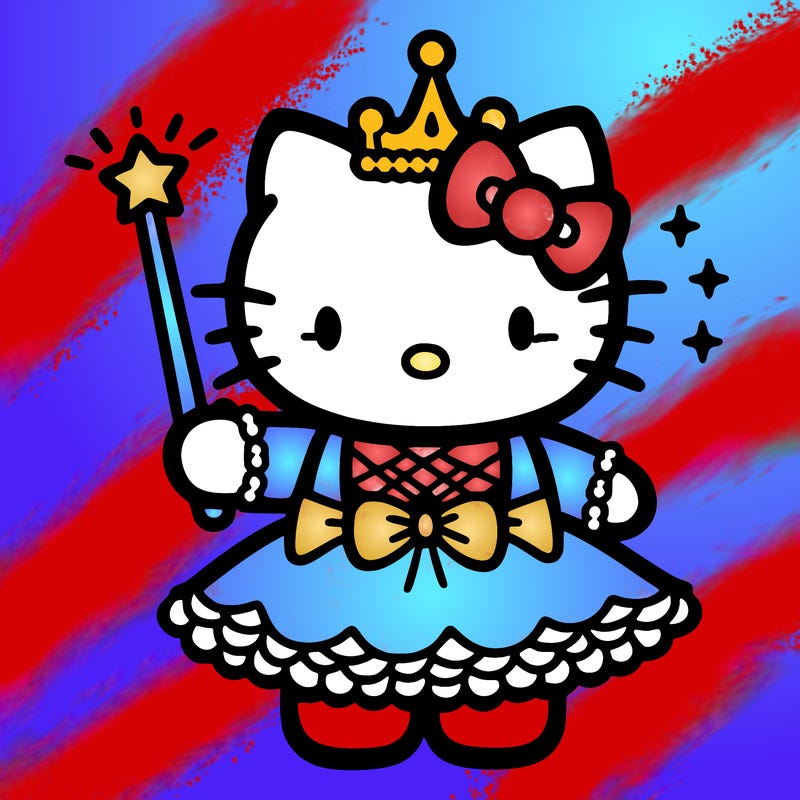 hello kitty wearing a dress with a wand and crown