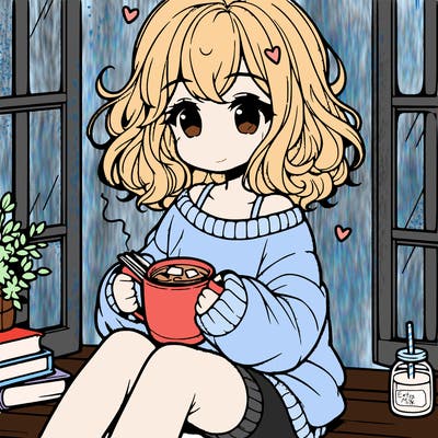 cute anime girl reading book and drinking hot chocolate from mug with loose wavy hair wearing a baggy sweatshirt and shorts sitting by windowsill looking out