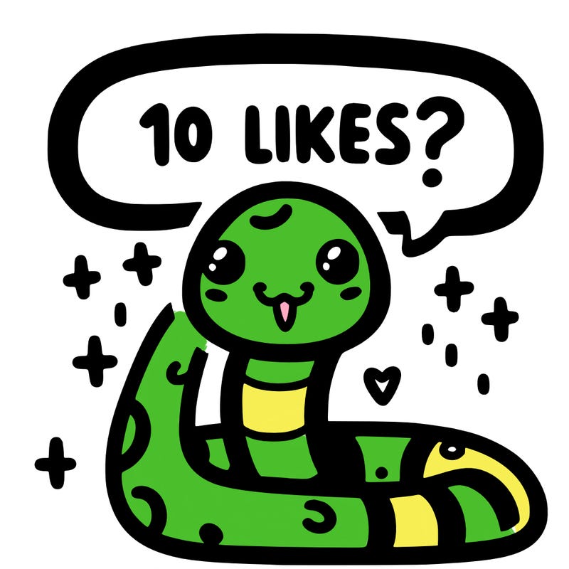 cute snake saying "10 likes?"