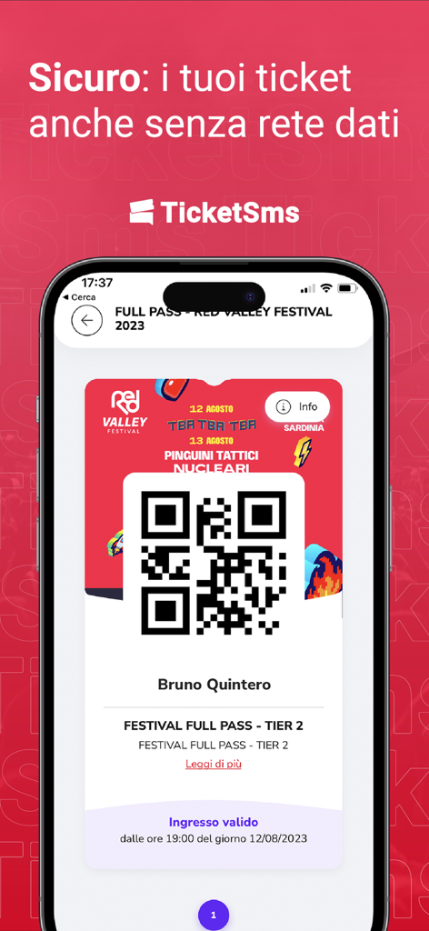 TicketSms - Un biglietto digitale per festival con codice QR visualizzato sull'interfaccia dell'app TicketSms.