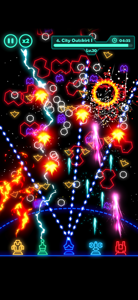 Gameplay screenshot of Falltopia showing vibrant neon space combat with lasers and geometric alien enemies.