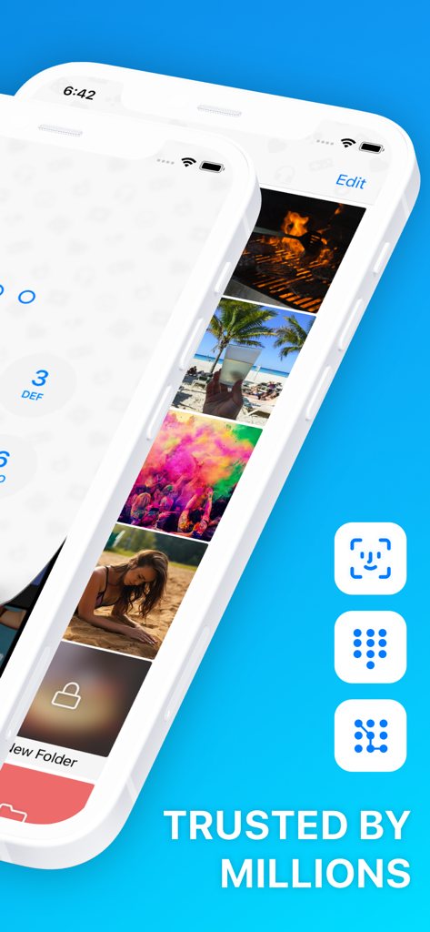 Safe Lock app interface showing a private photo gallery with FaceID and PIN security options