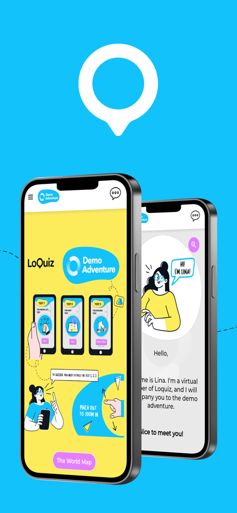 Two smartphone screens showing the Loquiz app interface for a demo scavenger hunt adventure.