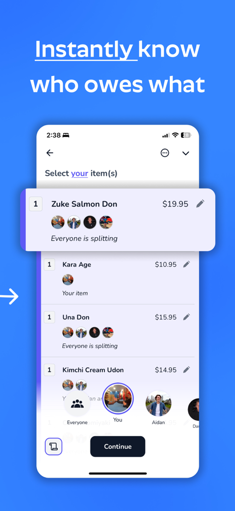 SplitIt: Group Bill Splitter - SplitIt mobile app interface displaying a list of restaurant items being assigned to group members for bill splitting
