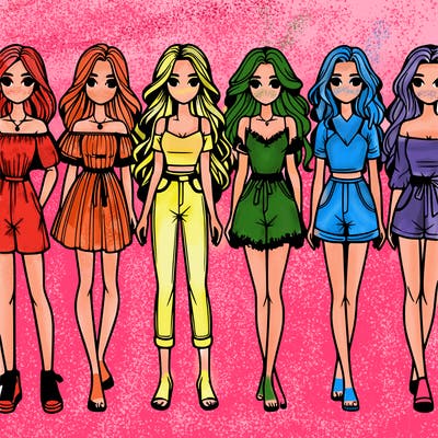 7 realistic girls standing by each other