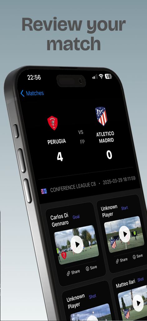 EliteCam App-Bildschirm zur Spielanalyse mit Fußballergebnissen und Videohighlights für einzelne Spieler