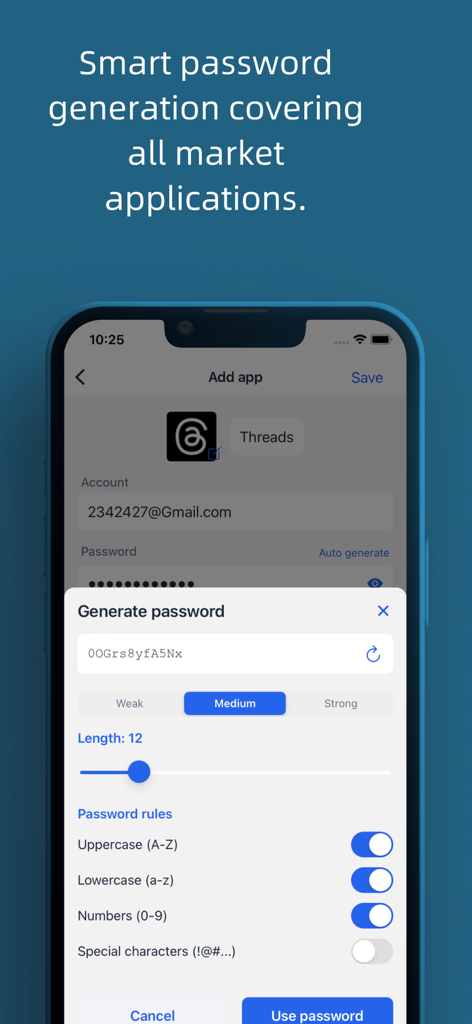 PasswordSafe -Password Manager - Interface of the PasswordSafe app showing a secure password generation tool with customizable rules for length and characters