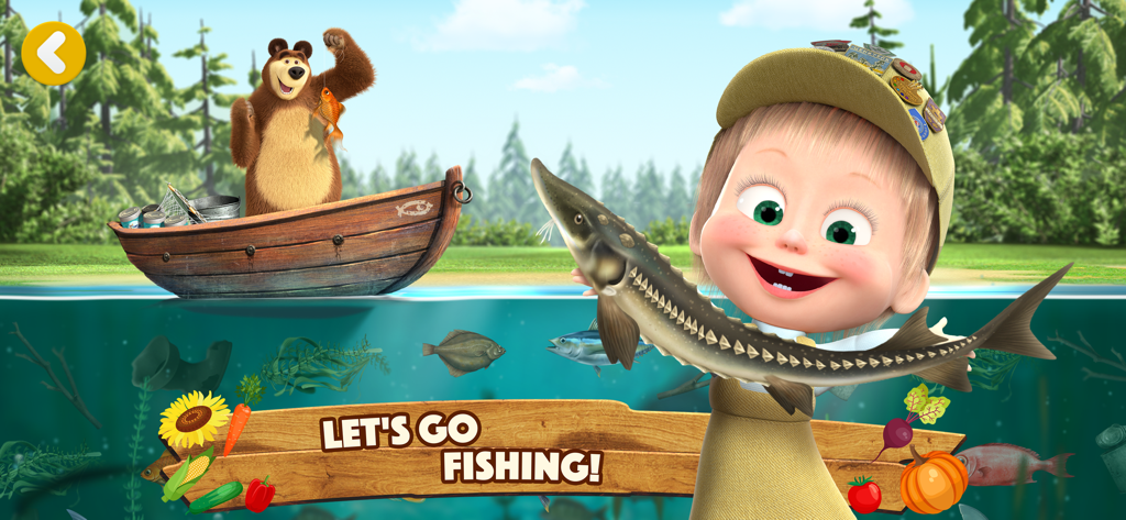 Masha and the Bear: Easy Farm - Masha sosteniendo un gran esturión mientras el Oso pesca desde un bote de madera