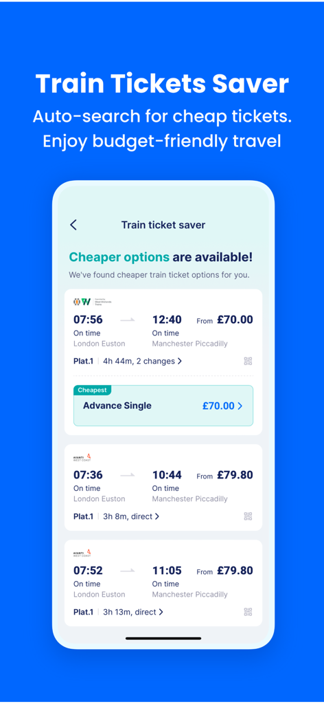 Une capture d'écran mobile de l'application TrainPal comparant les prix des billets de train bon marché pour les voyages entre Londres et Manchester.