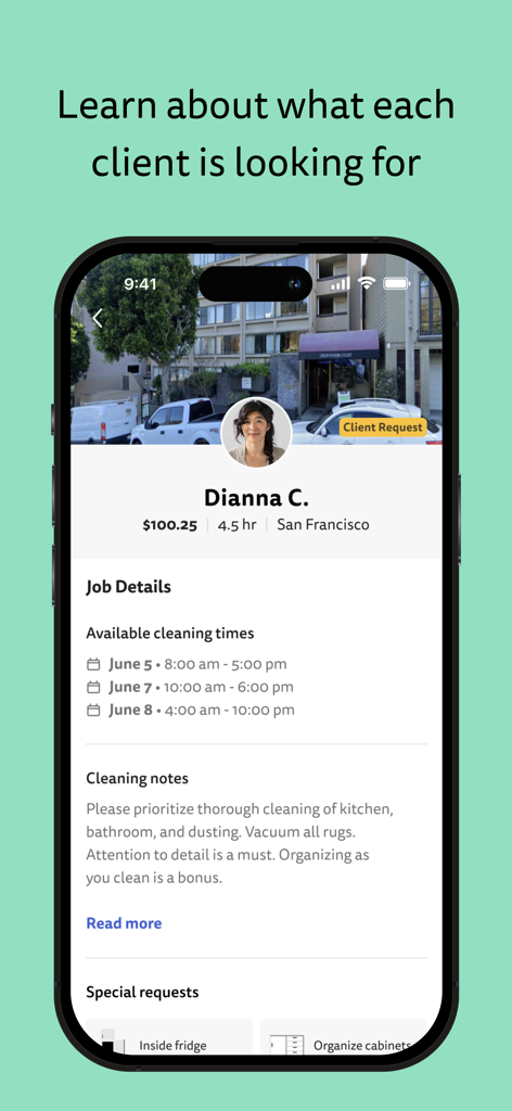 Homeaglow for Cleaners - Homeaglow for Cleaners app interface showing a client job request with pricing, location, and specific cleaning instructions.