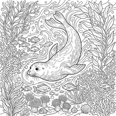 Embark on an aquatic journey with this captivating coloring page featuring a majestic seal gracefully swimming through a vibrant underwater world. Designed specifically for teens, this intricate template offers a detailed scene perfect for imaginative coloring.