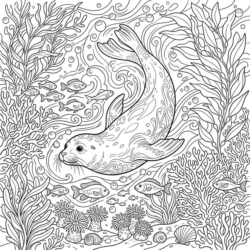Embark on an aquatic journey with this captivating coloring page featuring a majestic seal gracefully swimming through a vibrant underwater world. Designed specifically for teens, this intricate template offers a detailed scene perfect for imaginative coloring.