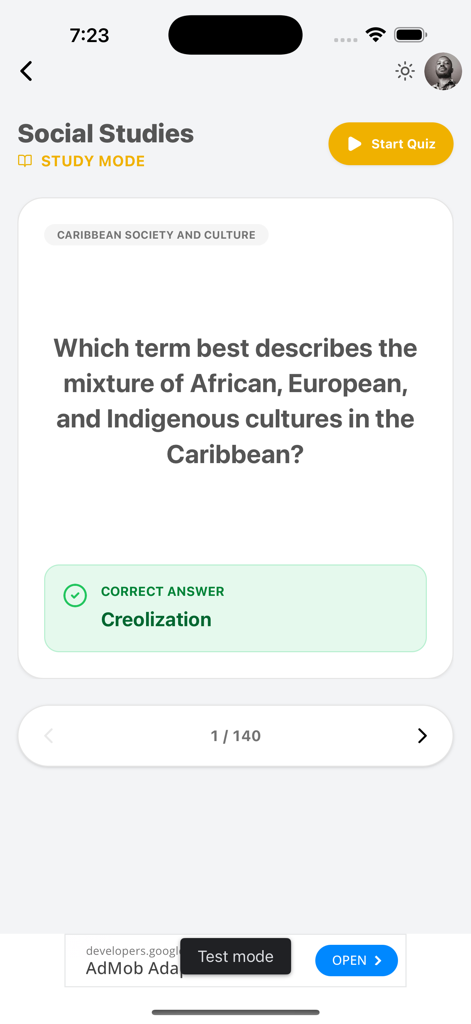 Exam Prep for CSEC, CAPE, CPEA - Una pregunta de cuestionario de Estudios Sociales sobre culturas caribeñas en la aplicación Exam Prep.