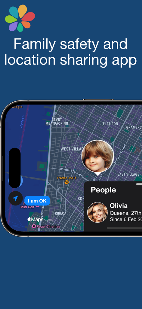 Interface do aplicativo Findie de segurança familiar e navegação com rastreamento de mapa ao vivo