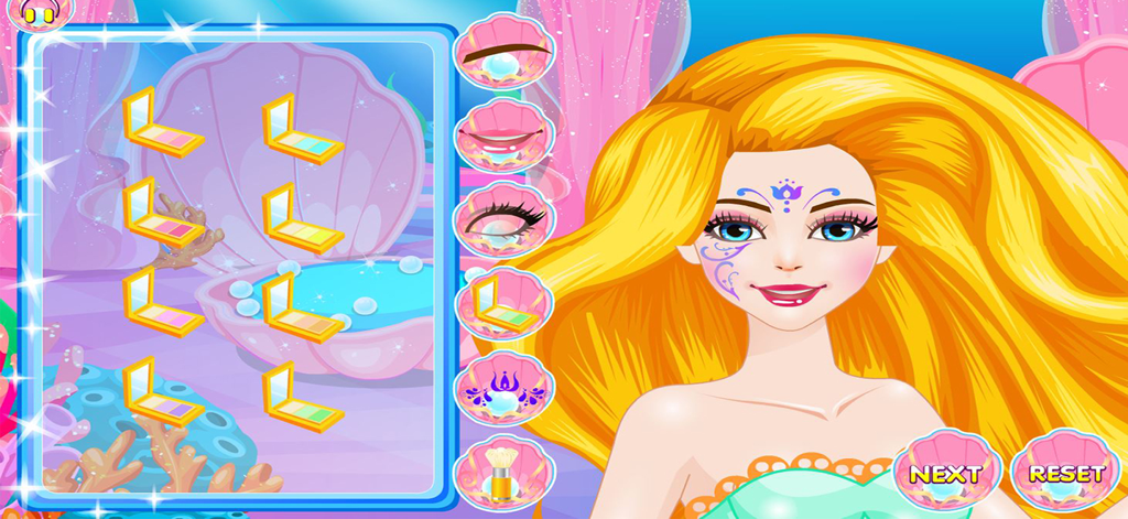 Mermaid Games, Dressing & Hair - Mermaid character with golden hair and face paint in a makeup salon game