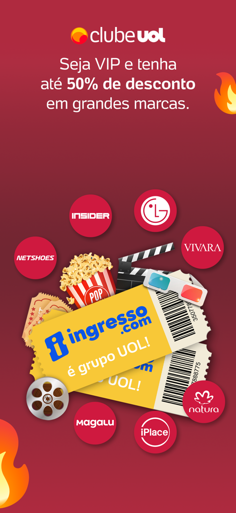 Tela do Clube UOL VIP mostrando descontos para as principais marcas e ingressos de cinema.