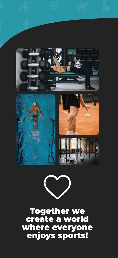 Sportmaster - Collage showing diverse sports like swimming, tennis and gym workouts with the slogan Together we create a world where everyone enjoys sports