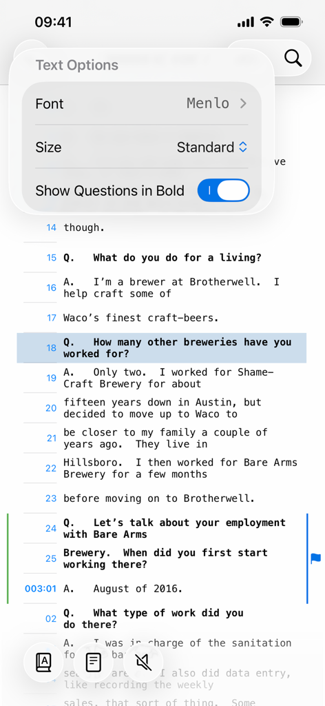 TranscriptPad app displaying text options menu for deposition transcripts on an iPhone